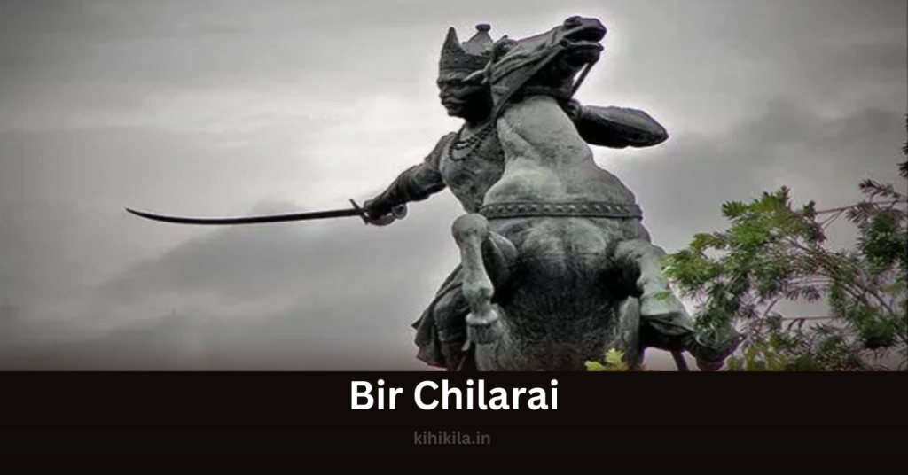 Statue of Bir Chilarai on horseback, wielding a sword, representing his valor and military prowess as a legendary general of the Koch dynasty.