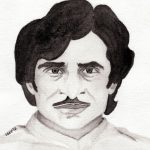 A black-and-white watercolor painting of Jayanta Hazarika, depicting his distinct facial features, wavy hair, and mustache, reflecting his charismatic persona.