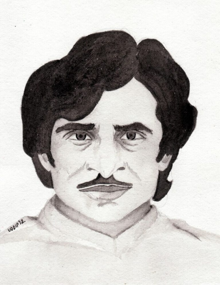 A black-and-white watercolor painting of Jayanta Hazarika, depicting his distinct facial features, wavy hair, and mustache, reflecting his charismatic persona.