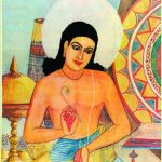 A traditional painting of Srimanta Sankardeva, the Assamese saint, poet, and social reformer, depicting his spiritual devotion and cultural influence.