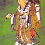 A historical painting of Hiuen-Tsang, the renowned Chinese Buddhist scholar and traveler, wearing traditional robes and carrying a backpack on his pilgrimage.