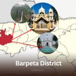 A map of Assam highlighting Barpeta District in red, featuring key attractions like Satras, waterfalls, and temples, reflecting its cultural and natural heritage.