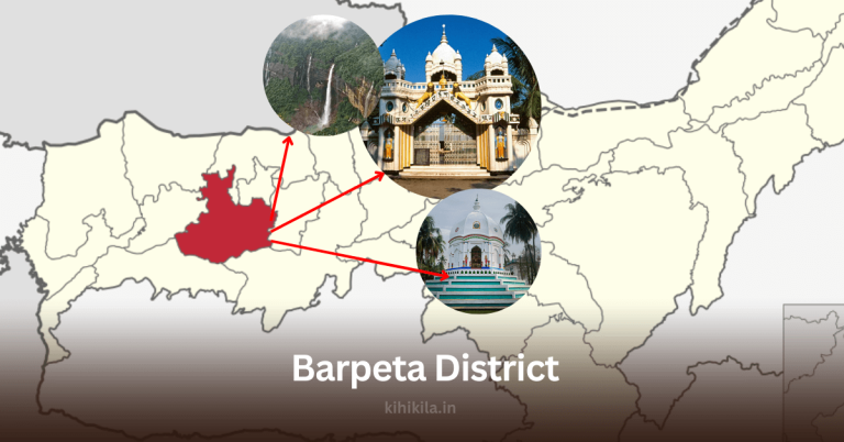 A map of Assam highlighting Barpeta District in red, featuring key attractions like Satras, waterfalls, and temples, reflecting its cultural and natural heritage.