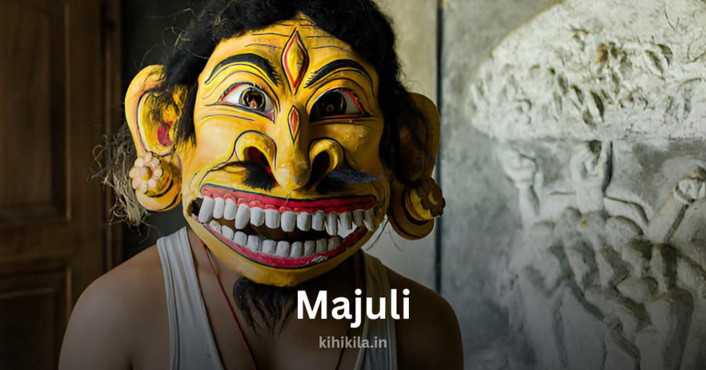 A traditional Assamese mask-wearer in Majuli, showcasing the island’s famous mask-making artistry, an integral part of the Satriya cultural heritage.