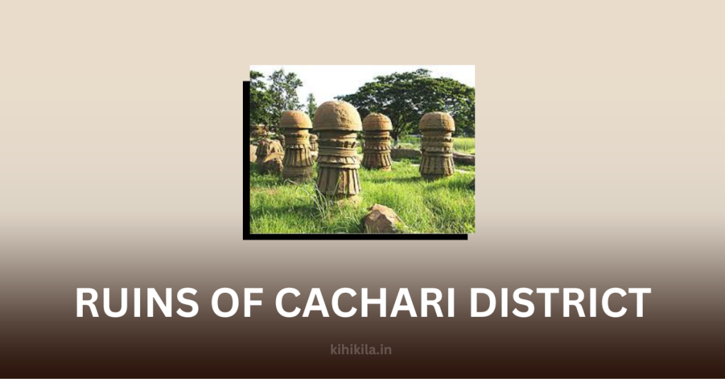Ancient stone ruins of the Cachari District (Kingdom) in Assam, showcasing historical structures surrounded by lush greenery.