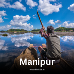 A man paddling a traditional boat on Loktak Lake in Manipur under a clear blue sky.