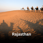 Camels and people silhouetted against a sand dune in the Thar Desert, Jaisalmer, Rajasthan, with the word "Rajasthan" overlayed.