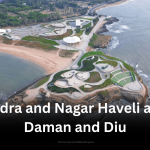 Aerial view of a modern coastal promenade in Dadra and Nagar Haveli and Daman and Diu, showcasing landscaped gardens and walkways.