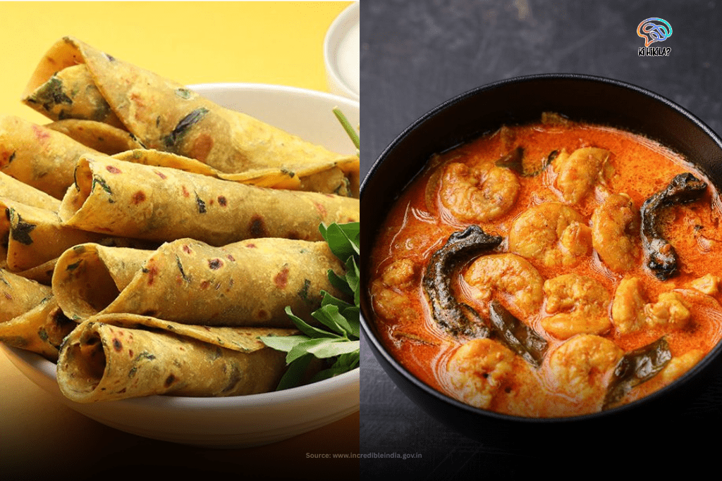 Dadra and Nagar Haveli and Daman and Diu: A Coastal Union Territory of Culture, History & Hidden Wonders Local cuisine from Dadra and Nagar Haveli and Daman and Diu, featuring thepla flatbreads and a coastal prawn curry.