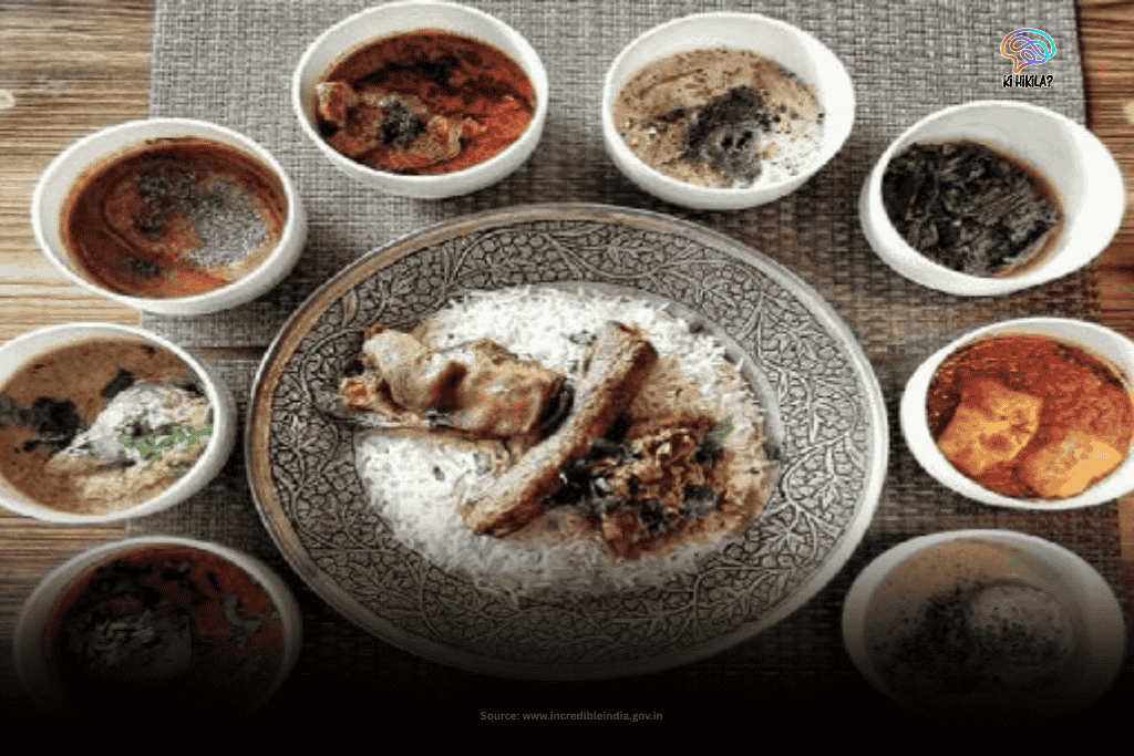 The Fascinating Story of Jammu and Kashmir: History Before 1947, Unique Climate, Tourism, Economy & Culture A vibrant Kashmiri Wazwan spread with a central platter of rice and meat, surrounded by bowls of diverse curries, representing the rich culinary heritage of Jammu and Kashmir.