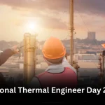 Three engineers in hard hats observe a thermal power plant at sunset, with "National Thermal Engineer Day 2025" text overlaid.