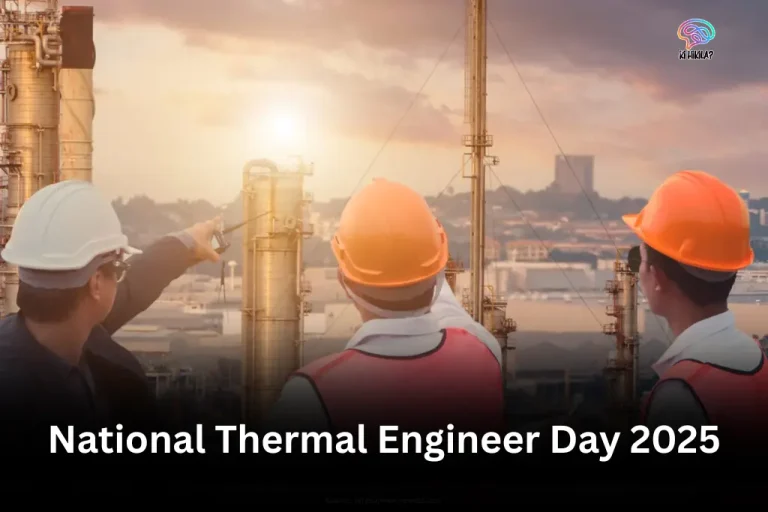 Three engineers in hard hats observe a thermal power plant at sunset, with "National Thermal Engineer Day 2025" text overlaid.