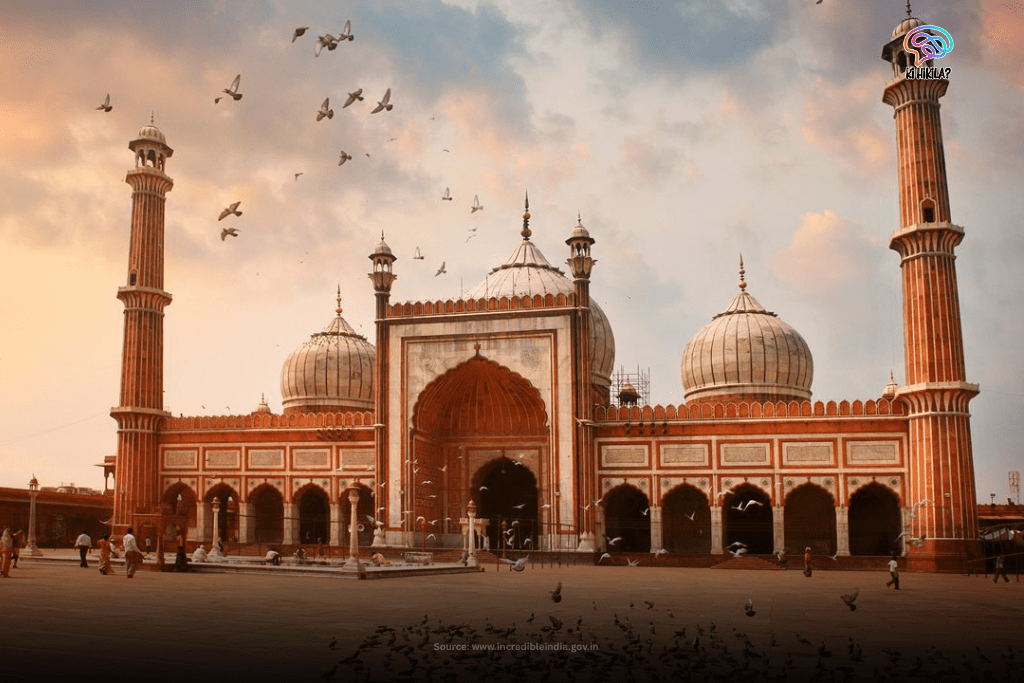 The grand facade of the Jama Masjid in Delhi at sunset, with its towering minarets and pigeons flying across the courtyard.