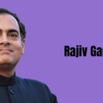 A portrait of Rajiv Gandhi, the former Prime Minister of India, smiling. His name is written in large text next to the image.