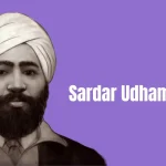 A stylized portrait of Sardar Udham Singh, a famous Indian revolutionary, wearing a white turban and a beard. His name is written in large white text on a purple background.