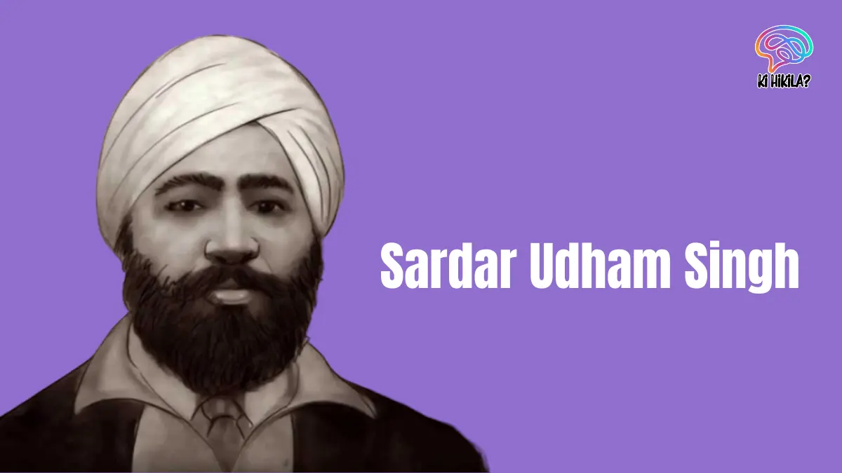 A stylized portrait of Sardar Udham Singh, a famous Indian revolutionary, wearing a white turban and a beard. His name is written in large white text on a purple background.