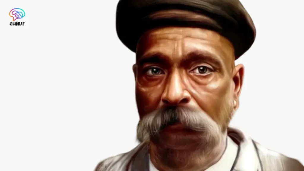 A detailed, painted portrait of Bal Gangadhar Tilak, a pivotal Indian nationalist leader, showcasing his intense gaze and prominent mustache, set against a bright background.
