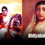 A split-screen image showing a painting of a warrior on a horse with a sword and a portrait of the queen. The name "Ahilyabai Holkar" is at the bottom.
