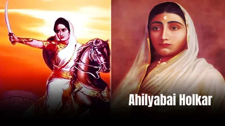 A split-screen image showing a painting of a warrior on a horse with a sword and a portrait of the queen. The name "Ahilyabai Holkar" is at the bottom.
