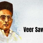 An illustrated portrait of Veer Savarkar, an Indian nationalist leader, wearing a black cap, glasses, and a white shirt.