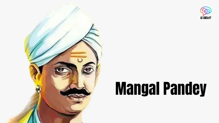 An illustration of Mangal Pandey, an Indian freedom fighter, with a prominent mustache and a white turban. The name "Mangal Pandey" is written in bold text next to his portrait.