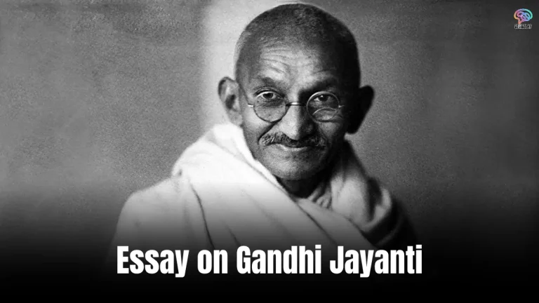 Essay on Gandhi Jayanti: A peaceful scene of people holding candles and chanting, with a portrait of Mahatma Gandhi in the background.
