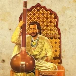 Tansen Biography: An illustration of Tansen singing, surrounded by courtiers, with a glowing aura highlighting his divine talent.