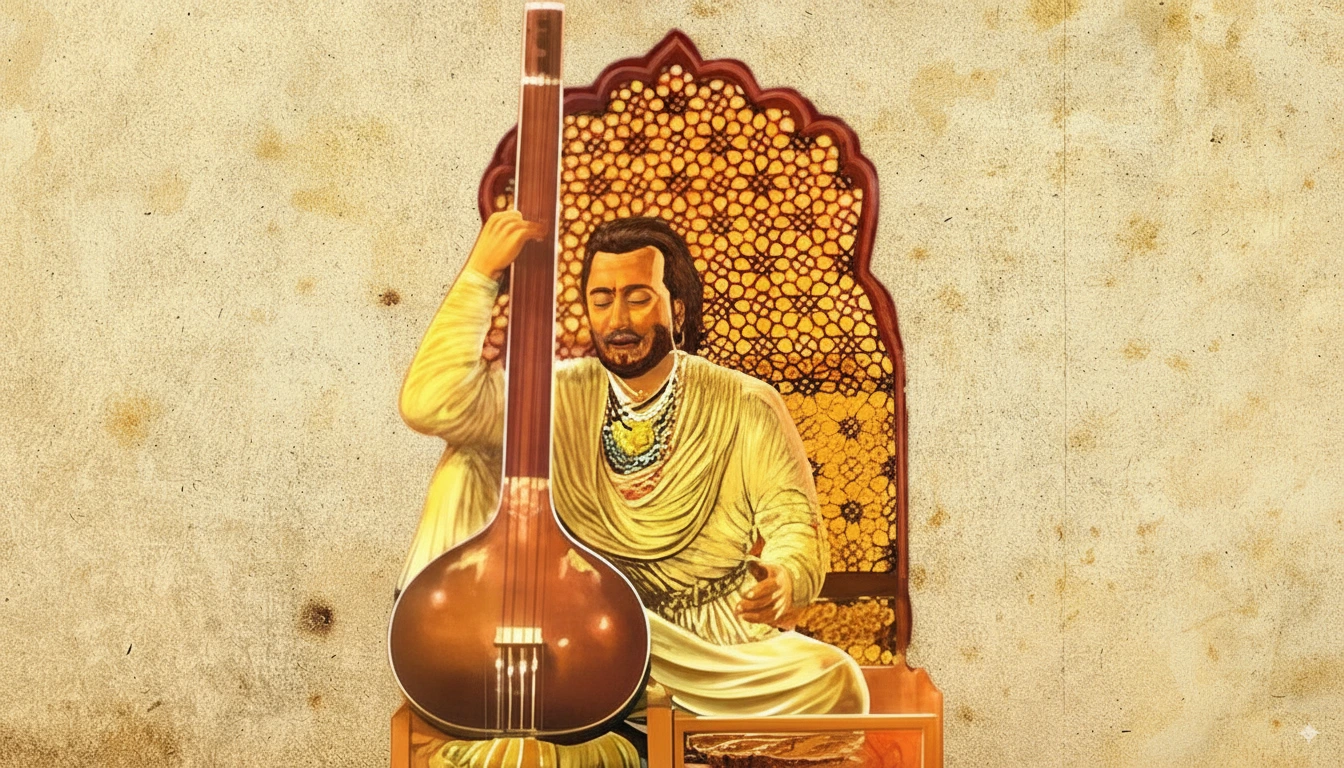 Tansen Biography: An illustration of Tansen singing, surrounded by courtiers, with a glowing aura highlighting his divine talent.