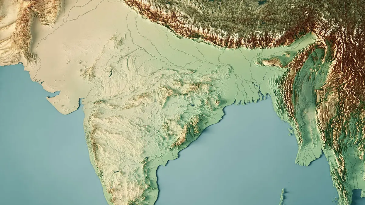 Relief map showing the diverse topography and Geography of India, including the Himalayan mountains, Northern Plains, and the Deccan Plateau.