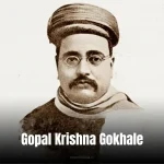 A sepia-toned portrait of Gopal Krishna Gokhale, a prominent Indian nationalist and social reformer, depicted in traditional attire with a turban and glasses.