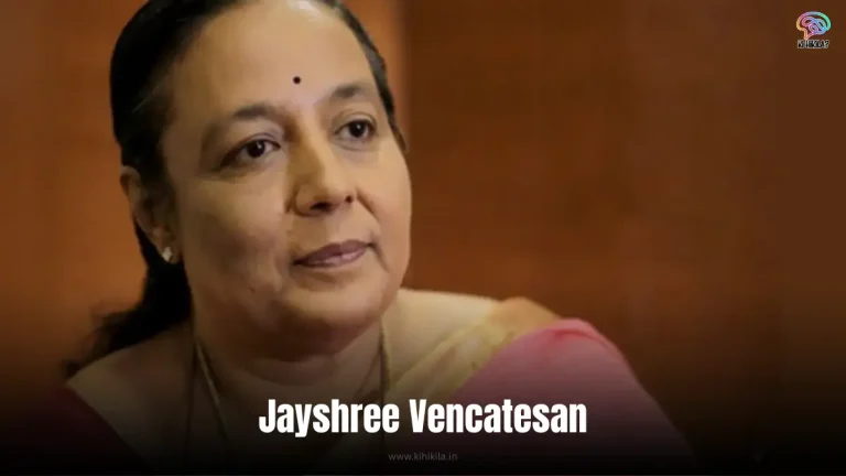 Jayshree Vencatesan: A colorful portrait of a woman in a saree holding a microphone, with a backdrop of ocean waves.