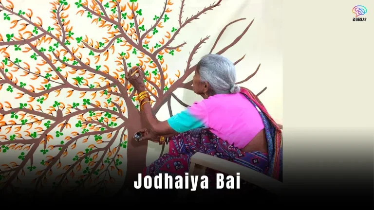 Jodhaiya Bai: A vibrant painting of a woman in a colorful Rajasthani lehenga, playing a traditional instrument with a desert backdrop.