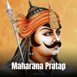 Maharana Pratap Jayanti: A vibrant painting of a warrior on horseback with a spear, adorned with a royal turban, against a golden sunset.