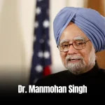 Dr. Manmohan Singh: A formal portrait of a man in a turban and suit, seated at a desk with official documents.