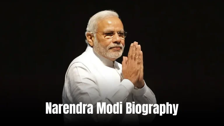 Narendra Modi Biography: A dynamic photo of a man in a traditional kurta, addressing a large crowd with a microphone, against a backdrop of the Indian flag.