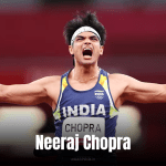 Neeraj Chopra: A dynamic photo of an athlete mid-throw with a javelin, muscles tensed, against a stadium crowd.
