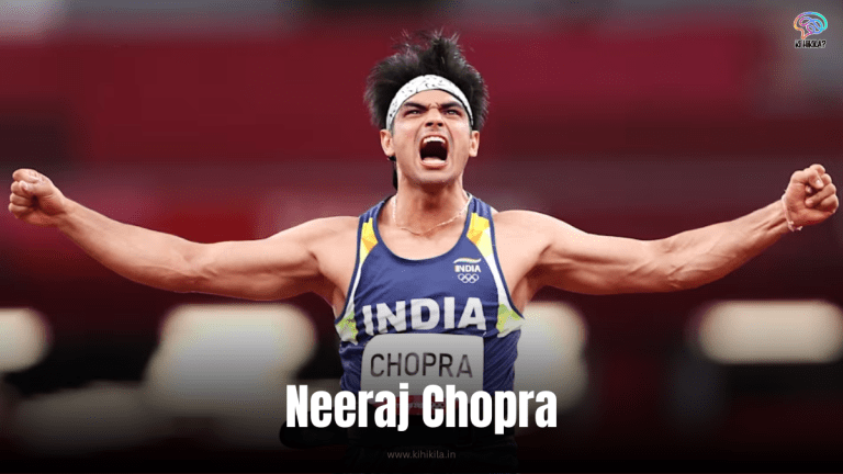 Neeraj Chopra: A dynamic photo of an athlete mid-throw with a javelin, muscles tensed, against a stadium crowd.