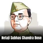 Netaji Subhas Chandra Bose: A dramatic black-and-white photo of a man in a military uniform saluting, with a flag in the background.