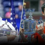 A split image showing two smiling tennis players, a woman and a man, each holding a trophy, representing the Open Tennis Winner List.