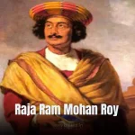 A painting of Raja Ram Mohan Roy, a social reformer, wearing a red and yellow outfit.