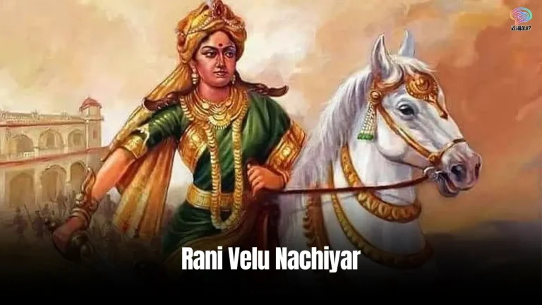 Rani Velu Nachiyar: A bold painting of a woman in royal armor wielding a sword, with a fortress and battle scene in the background.