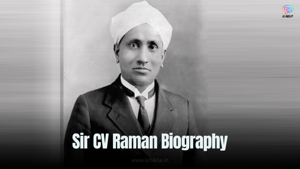 Sir CV Raman Biography: An illustration of Sir CV Raman with a gray beard, wearing a turban and holding a scientific instrument, set against a blue background.