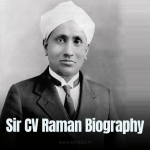 Sir CV Raman Biography: An illustration of Sir CV Raman with a gray beard, wearing a turban and holding a scientific instrument, set against a blue background.