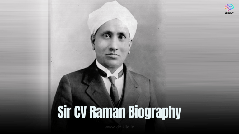 Sir CV Raman Biography: An illustration of Sir CV Raman with a gray beard, wearing a turban and holding a scientific instrument, set against a blue background.