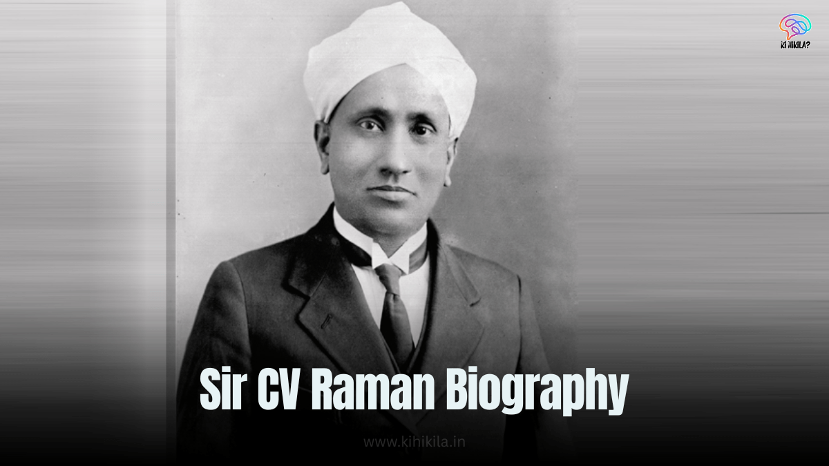 Sir CV Raman Biography: An illustration of Sir CV Raman with a gray beard, wearing a turban and holding a scientific instrument, set against a blue background.