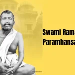 Swami Ramakrishna Paramhansa: A serene portrait of a bearded sage in a saffron robe, meditating under a tree with a calm river in the background.