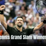 Open Tennis Winner List: A triumphant tennis player in a black shirt raising his racket and fist in victory, with a cheering crowd in the background and the text "Tennis Grand Slam Winners" overlaid.