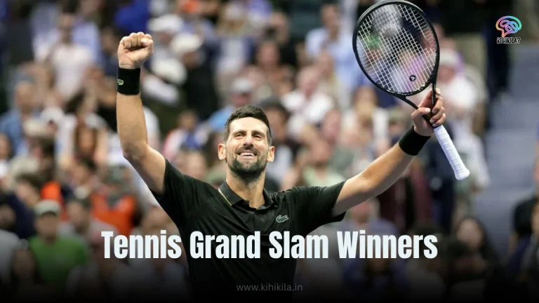 Open Tennis Winner List: A triumphant tennis player in a black shirt raising his racket and fist in victory, with a cheering crowd in the background and the text "Tennis Grand Slam Winners" overlaid.