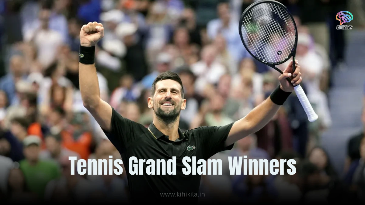 Open Tennis Winner List: A triumphant tennis player in a black shirt raising his racket and fist in victory, with a cheering crowd in the background and the text "Tennis Grand Slam Winners" overlaid.