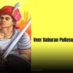 Veer Baburao Pullesur Shedmake: A heroic painting of a Gond tribal warrior in a red turban, holding a sword and shield, with a rifle slung over his shoulder.
